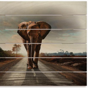 Holzbild ARTLAND Ein Elefant läuft auf der Straße Bilder Gr. B/H/T: 80 cm x 60 cm x 2,4 cm, Holzbild Elefanten Bilder Querformat, 1 St., braun Holzbilder