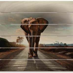 Artland Holzbild Ein Elefant läuft auf der Straße, Elefanten Bilder (1 St)