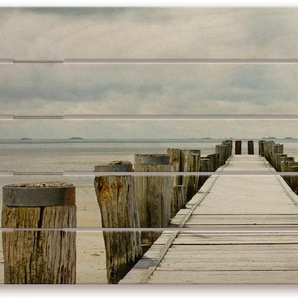 Holzbild ARTLAND Steg ins Watt Bilder Gr. B/H/T: 125 cm x 50 cm x 2,4 cm, Holzbild Strandbilder Querformat, 1 St., beige (naturfarben) Holzbilder