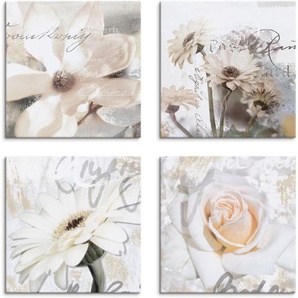 Artland Leinwandbild Magnolie Gerberas Rosen in Buchstaben, Blumen (4 St), 4er Set, verschiedene Größen