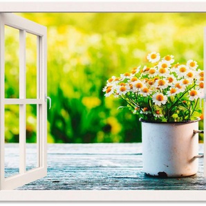 Artland Wandbild Fensterblick Garten mit Gänseblümchen, Blumen (1 St), als Alubild, Outdoorbild, Leinwandbild, Wandaufkleber, versch. Größen