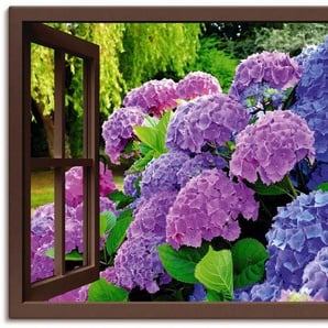 Artland Wandbild Fensterblick - Hortensien im Garten, Blumen (1 St), als Alubild, Leinwandbild, Wandaufkleber oder Poster in versch. Größen