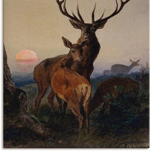 Artland Wandbild Hirsch und ein Reh bei Sonnenuntergang, Wildtiere (1 St), als Leinwandbild, Wandaufkleber oder Poster in versch. Größen