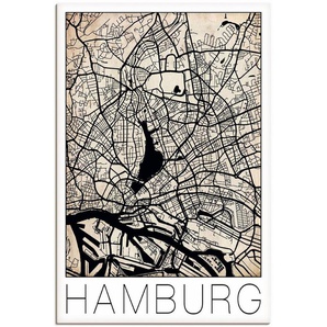 Artland Leinwandbild Retro Karte Hamburg Deutschland Grunge, Deutschland (1 St), auf Keilrahmen gespannt
