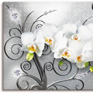 Artland Wandbild weiße Orchideen auf Ornamenten, Blumenbilder (1 St), als Alubild, Outdoorbild, Leinwandbild, Poster, Wandaufkleber