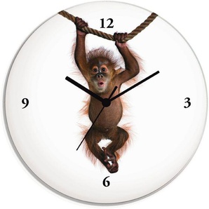 Artland Wanduhr Baby Sumatra Orang Utan hängt an Seil (wahlweise mit Quarz- oder Funhuhrwerk, lautlos ohne Tickgeräusche)