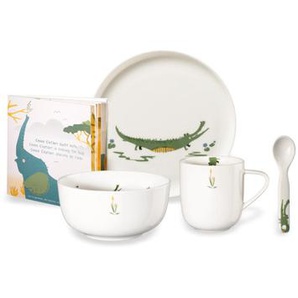 ASA Kindergeschirrset Kids, Croco Krokodil, Grün, Weiß, Keramik, 4-teilig, Kaffee, schadstofffrei, Füttern, Kindergeschirr