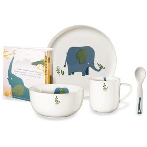 ASA Kindergeschirrset Kids, Emma Elefant, Blau, Weiß, Keramik, 4-teilig, Elefant, schadstofffrei, Füttern, Kindergeschirr