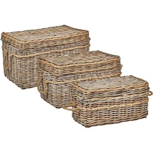 Aufbewahrungskorb 3er Set Natürlich Rattan Rechteckig Handgemacht mit Deckeln Griffen Boho-Stil Accessoires Deko Bad Schlafzimmer Wohnzimmer