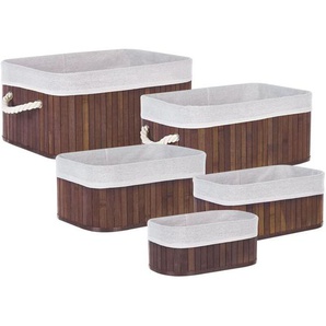Aufbewahrungskorb 5er Set Dunkelbraun Bambusholz Rechteckig Handgemacht mit Stoffeinsatz Griff Accessoires Deko für Bad Schlafzimmer Wohnzimmer