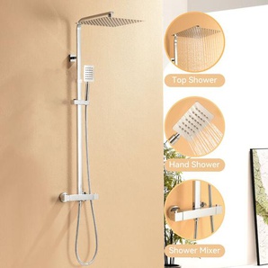Auralum - Edelstahl Duschsystem mit Thermostat Chrom, 2 Funktion Wasserauslauf Duschset mit Kopfbrause 30x30cm und Höhenverstellbar Duschstange