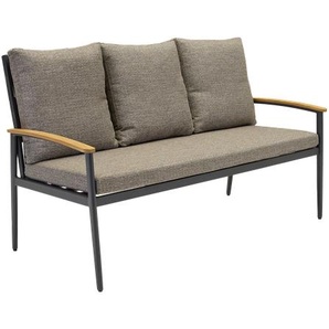 AVENTO Gartenbank, 3-Sitzer mit Teakholz-Armlehnen, Geflecht grau, Alugestell anthrazit, inkl. Kissen