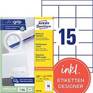AVERY Zweckform ultragrip Laser Universaletiketten 3669-200 Selbsthaftend DIN A4 Weiß 70 x 50,8 mm 220 Blatt à 15 Etiketten 8934073