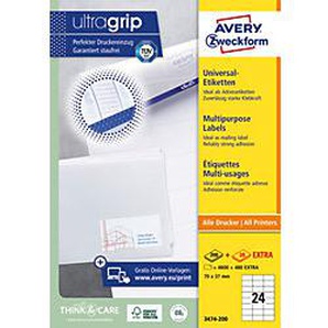 AVERY Zweckform ultragrip Universaletiketten 3474-200 Selbsthaftend DIN A4 Weiß 70 x 37 mm 220 Blatt à 24 Etiketten 8028316