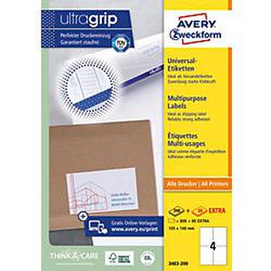 AVERY Zweckform ultragrip Universaletiketten 3483-200 Selbsthaftend DIN A4 Weiß 105 x 148 mm 220 Blatt à 4 Etiketten 8028337