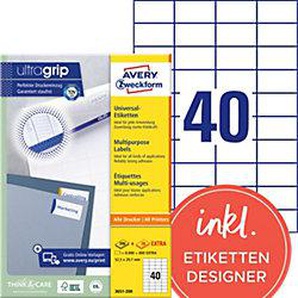 AVERY Zweckform ultragrip Universaletiketten 3651-200 Selbsthaftend DIN A4 Weiß 52,5 x 29,7 mm 220 Blatt à 40 Etiketten 7255698