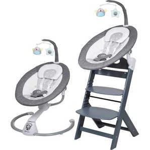 BabyGo Hochstuhl Family Homey Set, grau/hellgrau, mit elektrischer Babywippe inkl. Spielbogen
