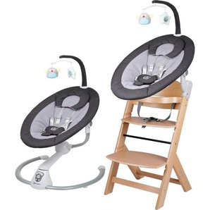 BabyGo Hochstuhl Family Homey Set, natur/dunkelgrau, mit elektrischer Babywippe inkl. Spielbogen