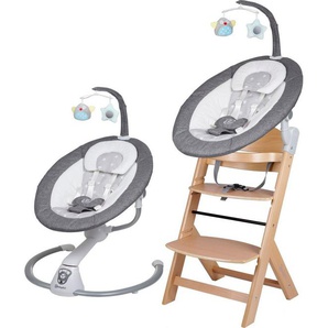 BabyGo Hochstuhl Family Homey Set, natur/hellgrau, mit elektrischer Babywippe inkl. Spielbogen
