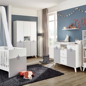 Babyzimmer, in weiß mit Absetzungen in hellgrau, 4-tlg., Kleiderschrank (B: 125 cm), Wickelkommode und Babybett 70 x 140 cm