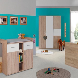 Babyzimmer-Komplettset BMG MÖBEL Maxim Schlafzimmermöbel-Sets Gr. Mit Umbauseiten-Set + ohne Matratze, weiß (eiche sonoma, weiß) Baby Komplett-Babybetten Schlafzimmermöbel-Sets Bett + Wickelkommode 4-trg. Schrank