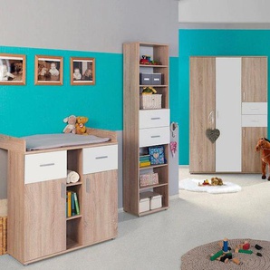 Babyzimmer-Komplettset BMG MÖBEL Maxim Schlafzimmermöbel-Sets Gr. Mit Umbauseiten-Set + Kaltschaummatratze, weiß (eiche sonoma, weiß) Baby Komplett-Babybetten Schlafzimmermöbel-Sets Bett + Wickelkommode 4-trg. Schrank Standregal