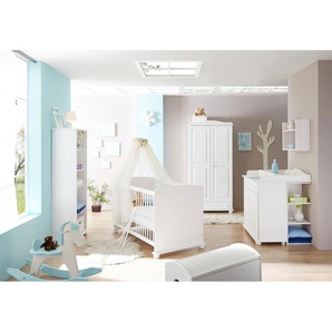 Babyzimmer-Komplettset TICAA Adam Schlafzimmermöbel-Sets Gr. B/H: 70 cm x 140 cm, weiß (kiefer massiv lackiert) Baby Komplett-Babybetten Schlafzimmermöbel-Sets Bett + Wickelkommode Schrank Unterstellregal Standregal