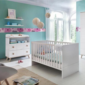 Babyzimmer-Komplettset WIMEX Cannes Schlafzimmermöbel-Sets Gr. B/H: 70 cm x 140 cm, weiß (alpinweiß, eiche nb) Baby Komplett-Babybetten Bett + Wickelkommode 3 trg. Schrank
