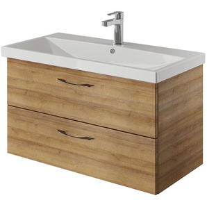Bad Waschtisch, 90cm, in Riviera Eiche Nb. mit Keramik Waschbecken VILLATORO-66, B/H/T ca. 90/53,2/45 cm