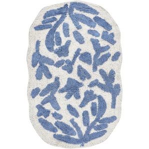 Badematte Blau Baumwolle 60 x 90 cm Asymmetrisch Zweifarbig mit Pflanzenmuster Modern Flauschig Badteppich Bodenmatte Badezimmer Ausstattung