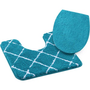 Badematte LEONIQUE Bella Badematten Gr. WC-Vorleger rechteckig mit Ausschnitt (55 cm x 50 cm) WC-Deckelbezug (47 cm x 50 cm), 2 St., Polyester, blau (blue) Gemusterte Badematten weich, Rauten-Design, moderne Badematten, rund & rechteckig erhältlich