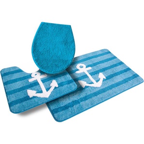 Badematte MY HOME Anker Badematten Gr. 3-tlg. Stand-WC Set, 3 St., Polyester, blau (blue) Gemusterte Badematten Badteppich, weiche Haptik, Design mit Anker & Streifen, maritim