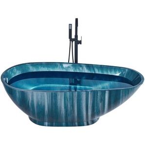 Badewanne Marineblau 170 x 80 cm Marmor Optik Freistehend aus Sanitäracryl Walnussform Badezimmerzubehör Elegantes Modernes Design