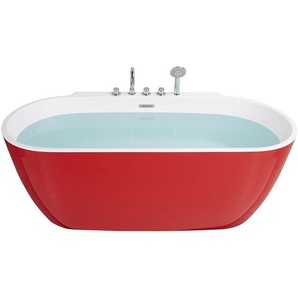 Badewanne Rot Acryl Oval 170x80 cm Freistehend mit Armatur Überlauf Ablauf mit Klickverschluss Skandinavisch Modern Badezimmer Ausstattung