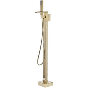 Badewannenarmatur Freistehend glänzend Gold futuristische gerade Form Edelstahl mit Enhebelhandmischer und Standhandbrause Modern Zeitlos