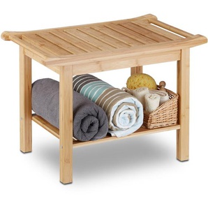 Badezimmer Bank Bambus, Sitzbank Bad, Ablage Badhocker Holz, HxBxT: 45 x 66 x 40 cm, Badezimmermöbel, natur - Relaxdays