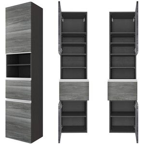 Badezimmer Hochschrank 40cm in Eiche rauchsilber APIA-03 mit 2 gedämpften Türen, b/h/t ca. 40/180/35 cm