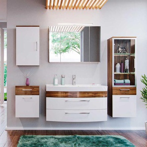 Badezimmer Kombination in Weiß Hochglanz Walnuss kaufen (fünfteilig)