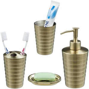 Badezimmer Set, 4-teilig, Seifenspender, Seifenschale, Zahnputzbecher, Zahnbürstenhalter, Edelstahl, gold - Relaxdays