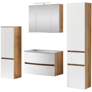 Badezimmer-Set HELD MÖBEL Kaunas Kastenmöbel-Sets Gr. B/H/T: 120 cm x 200 cm x 49 cm, weiß (matt weiß, wotaneiche) Badmöbelserien Waschtisch-Set mit Midischrank und Seitenschrank, Breite 160 cm