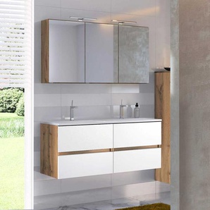 Badezimmermöbelset in Weiß und Wildeiche Optik LED Beleuchtung (zweiteilig)