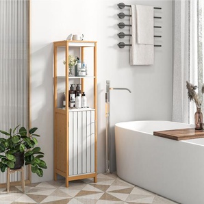 Badezimmerschrank schmal mit Lamellentür und verstellbarem Regal Badschrank Bambus Natur