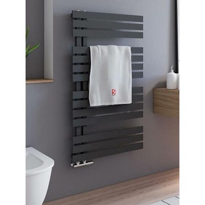 Badheizkörper Breda, flacher Designheizkörper mit seitlich versetztem Mittelanschluss, Stahl pulverbeschichtet in Pearl Schwarz, 106 x 60 cm - Schulte