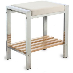 Badhocker, Weiß, Kiefer, Chrom, Holz, Metall, Kiefer, massiv, 45x48x31 cm, Badaccessoires, Duschzubehör, Badhocker