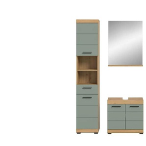 Badmöbel-Set SCHLOONSEE  3 teilig  bestehend aus: Hochschrank  Waschbeckenunterschrank  Spiegel  Schloonsee ¦ grün ¦ Maße (cm): B: 112 H: 191