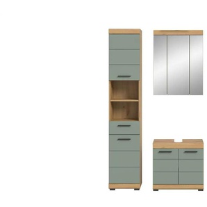 Badmöbel-Set SCHLOONSEE  3 teilig  bestehend aus: Hochschrank  Waschbeckenunterschrank  Spiegelschrank  Schloonsee ¦ grün ¦ Maße (cm): B: 112 H: 191