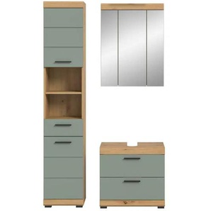 Badmöbel-Set SCHLOONSEE  3 teilig  bestehend aus: Hochschrank  Waschbeckenunterschrank  Spiegelschrank  Hochschrank  Waschbeckenunterschrank  Spiegelschrank  Schloonsee ¦ grün ¦ Maße (cm): B: 112 H: 191