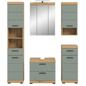 Badmöbel-Set SCHLOONSEE  5 teilig  inklusive LED Beleuchtung  bestehend aus: Hochschrank  WBU  Spiegelschrank  Unterschrank  Hängeschrank  Schloonsee ¦ grün ¦ Maße (cm): B: 164 H: 191