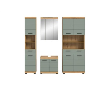 Badmöbel-Set SCHLOONSEE  4 teilig  bestehend aus: Hochschrank schmal  WBU  Spiegelschrank  Hochschrank breit  Schloonsee ¦ grün ¦ Maße (cm): B: 186 H: 191