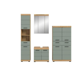 Badmöbel-Set SCHLOONSEE  4 teilig  bestehend aus: Hochschrank  Waschbeckenunterschrank  Spiegelschrank  Midischrank  Schloonsee ¦ grün ¦ Maße (cm): B: 186 H: 191
